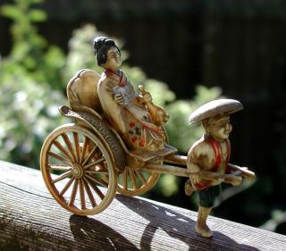 Vintage Japanese Carved Lady In Rickshaw With Cooley photo