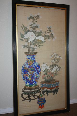 Fine Antique Chinese Export Painting On Silk Scroll Painting Water Color Framed photo