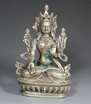 Chinese Old White Copper Handwork Blessing Buddha Statue photo