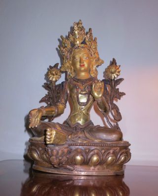 Large Copper With Gold Tibetan Statue Of Sitting Tara Circa Mid 20th Century photo