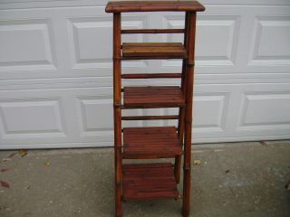 Vintage Asian Chinese Bamboo Wood Plant Table Stand W/ 5 Shelfs 4 Ft + High photo