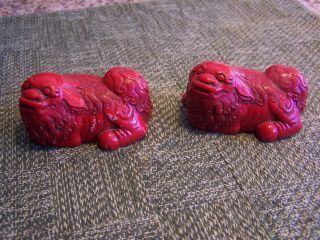 2 Chinese Handcarved Red Cinnabar Lacquer Foo Lion Dog Statues Figurines photo