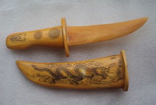 Chinese Old Ox Bone Carved Dragon Phoenix Paint Statue Sword Knife photo