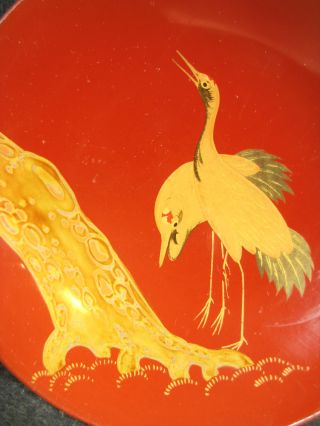 Japanese Antique C.  1860 Red Lacquer Lidded Bowl Sakazuki Sake Cup Crane & Pine photo