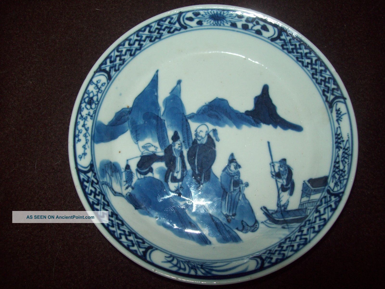 Chinese Blue & White Figural Porcelain Saucer Kangxi Mark Saucer Plate Vase 3 Plates photo