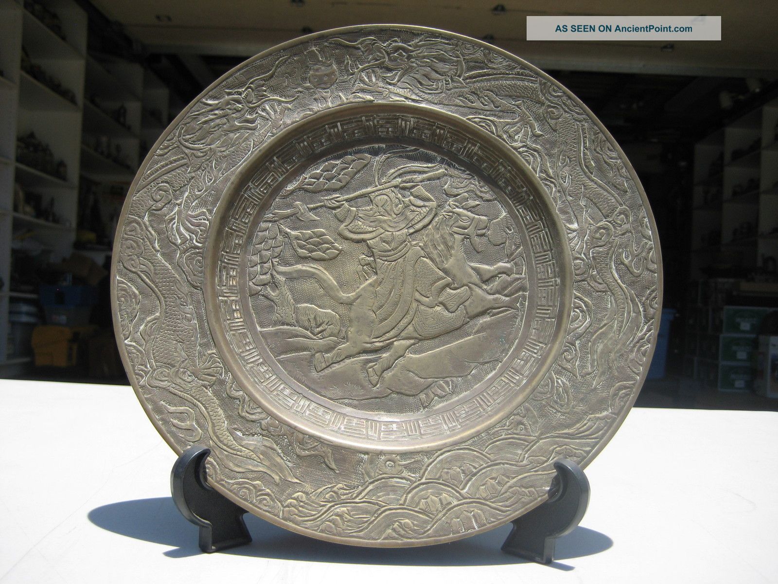 Antique Chinese Bronze Brass Plate Guan Gong Warrior God On Horse Plates photo