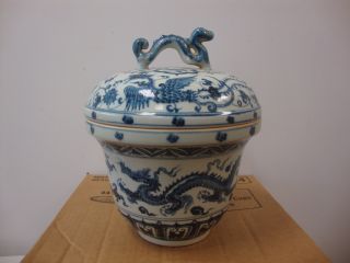 Rare Vintage Blue And White Porcelain Dragon Pot Good Luck For Years Dragon photo