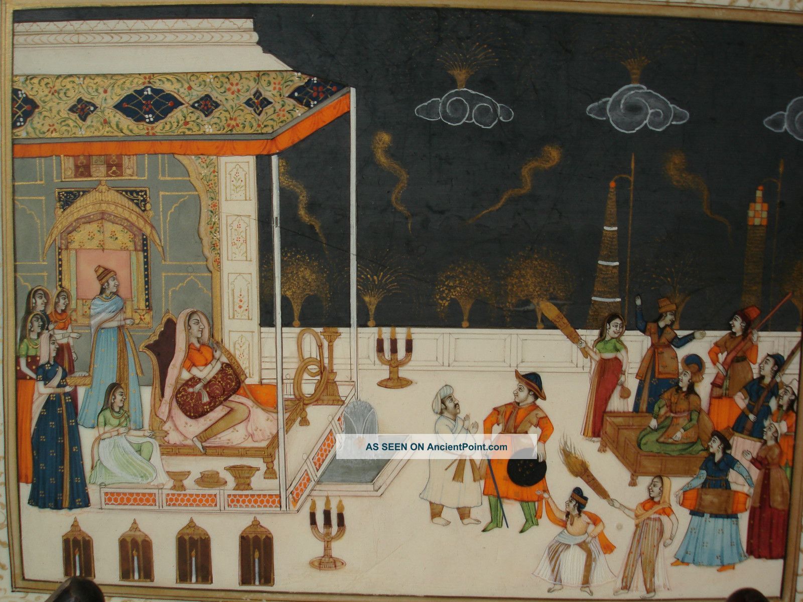 Magnificent Antique Indian Miniature Ox Bone Painting Moghul Mughal Court Framed India photo