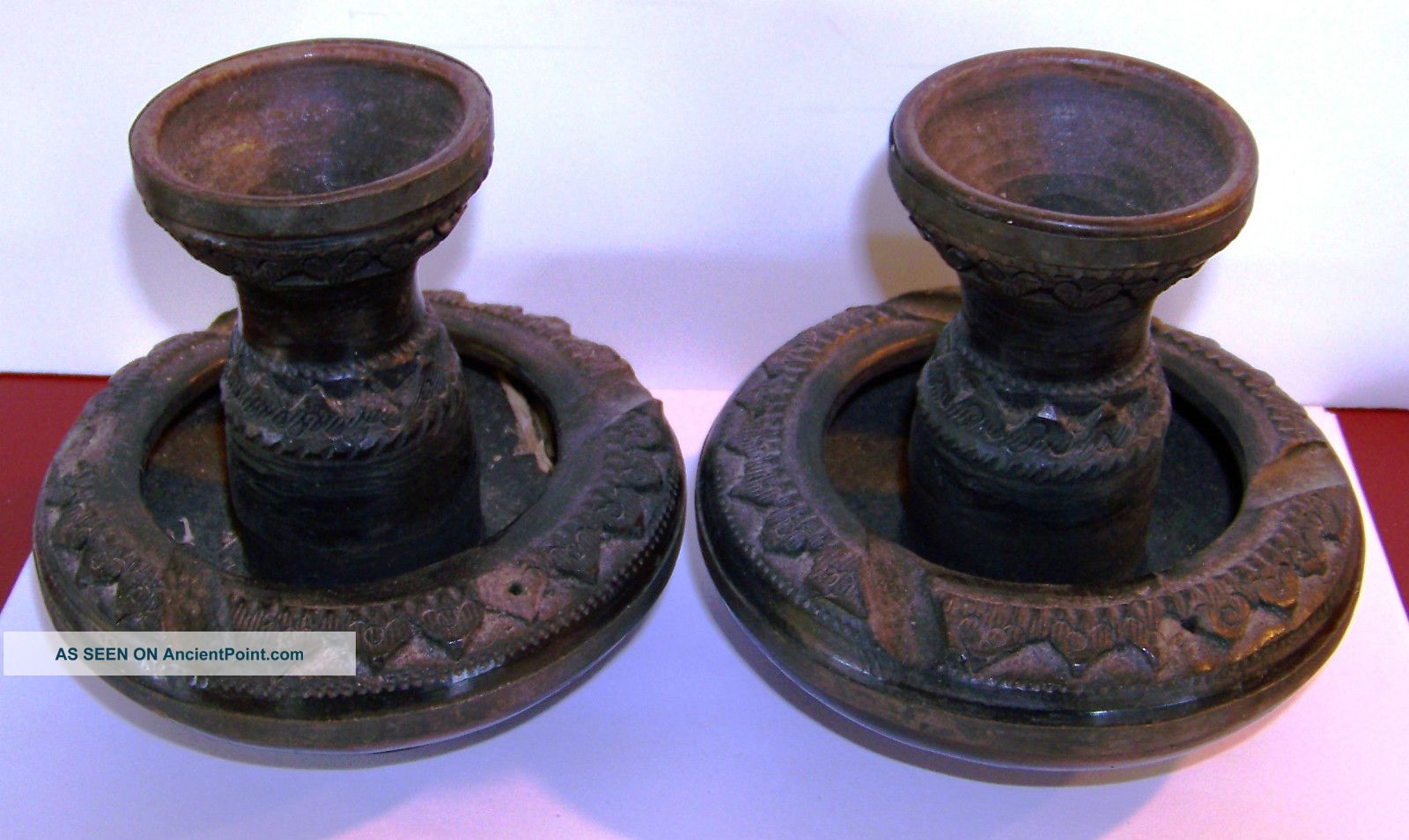 Pair Antique Oriental Carved Basalt Calligraphy Brush Pot Vase Incense Burner Vases photo
