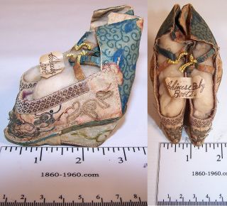 Antique Chinese Silk Embroidered Golden Lily Bound Foot Lotus Slipper Shoes 3” photo