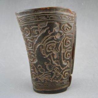 Old Antique 18 - 19th Chinese Ox Horn Carved Chilong Dragon Jiao Cup Nr/pc1472 photo