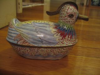 Chinese Canton Enamel Duck - Nicely Detailed Hand Painted W/ Metal Work photo