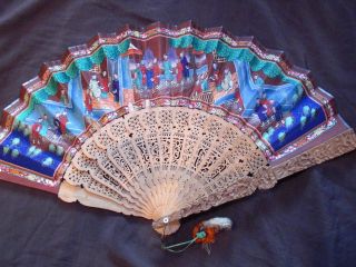Atique Chinese Fan Handpainted I. . .  Y Faces Deeply Carved European Export Market photo