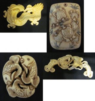 9 Chinese Ox Bone Carvings photo