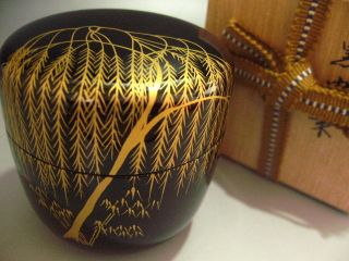 Japanese Antique Lacquer Famous Tea Caddy Weeping Willow Makie Wooden Natsume photo