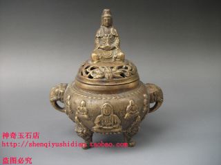 Js735 Rare,  Chinese Bronze Engraving ‘ Guan Yin ’ Incense Burners photo