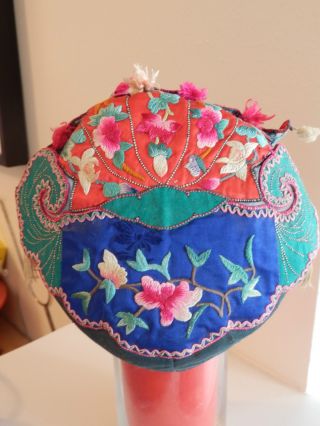Antique Vintage Chinese Asian Silk Embroidered Child Baby Hat photo