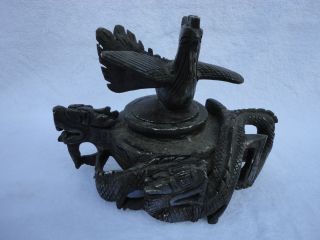 Chinese Black Stone Carving Censer.  Dragon And Pheonix photo