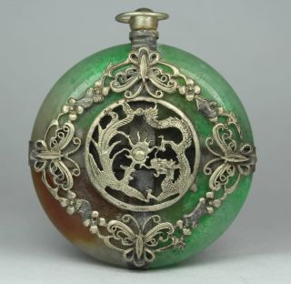 Chinese Handwork Jade Dragon Butterfly Old Pendant photo