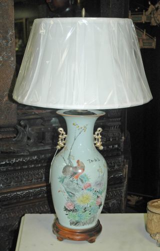 Antique 19th C.  Chinese Porcelain Vase Lamp With Rare And Prized Rooster,  Signed photo