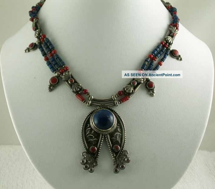 Tibetian Old Lapis Lazuli Red Coral Silver Necklace Tibet photo