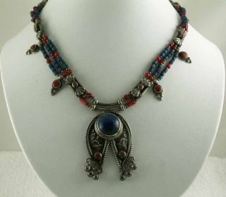 Tibetian Old Lapis Lazuli Red Coral Silver Necklace photo
