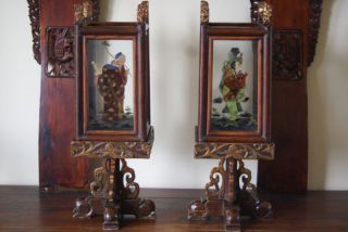 Antique Chinese Pair Cottonwood Table Candle Holder Stand Lanterns Qing Dynasty photo