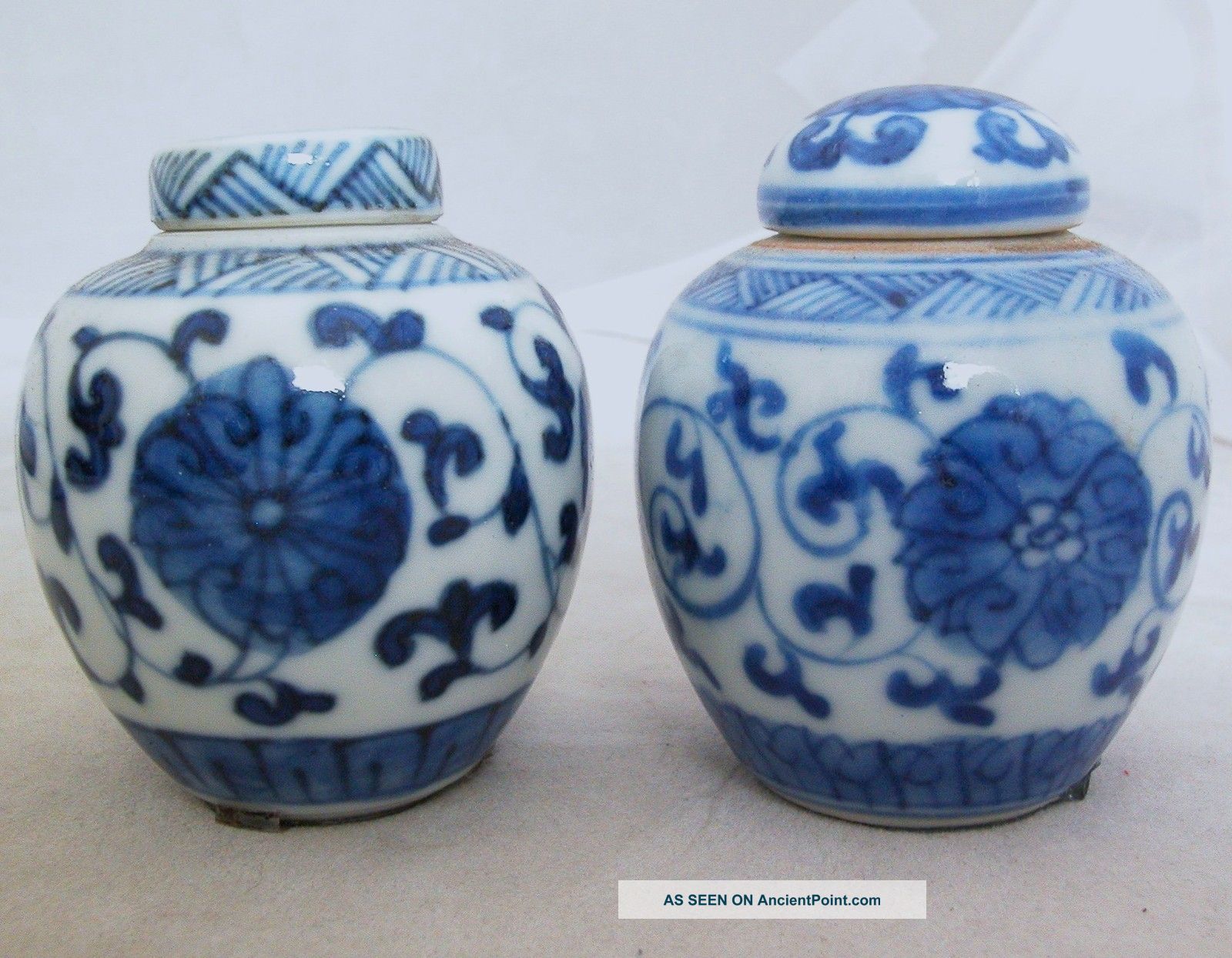 2 Antique Chinese Miniature Blue & White Porcelain Ginger Jars / Vases (2.  4 