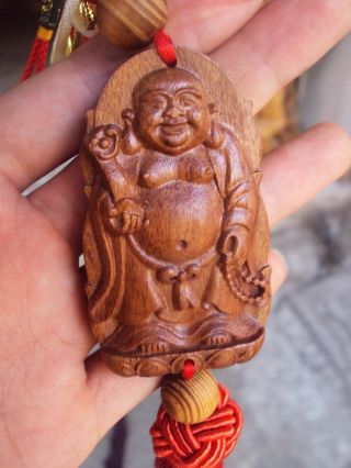 Chinese Peach Wood Carved Statue Happy Buddha Hand Amulet Ruyi Car Pendant Decor photo