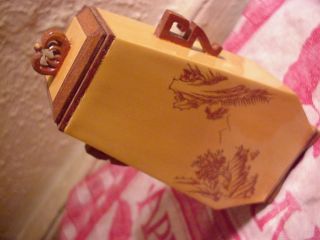 Yellow Wood Tea Caddy Japanese Box Finely Crafted Incised Design W/ Inscription photo