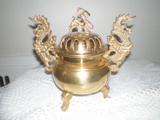 Unique Brass Oriental Two Dragon Incense Burner photo