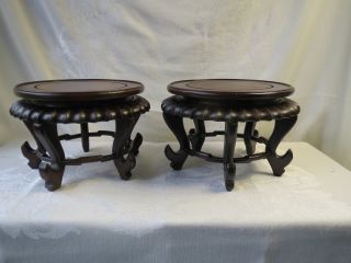 Antique Chinese Carved Two Pair Wood Stand Display Plate,  Bowl Vase Statue photo