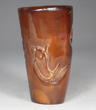 Chinese Handwork Carving Fish Old Ox Horn Cup photo