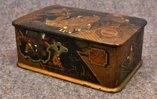 Antique 19th C Chinese Japanese Lacquer Box Hand Painted Tea photo