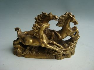 690g Chinese Brass Three Horses Statue Nr photo