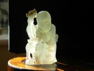 Carved Jade Figure Of Sau,  God Of Longevity,  With Staff,  Peach And Faun,  6cm photo