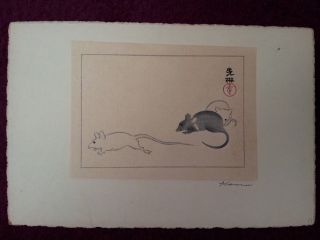 Japanese Woodblock Print,  Mouse & Deer In Koban/mini By Ogata Korin,  1900 ' S photo