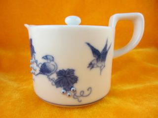 Chinese White Porcelain Blue Grape Bulge Carving Vine Handwrite Gongfu Teapot47 photo