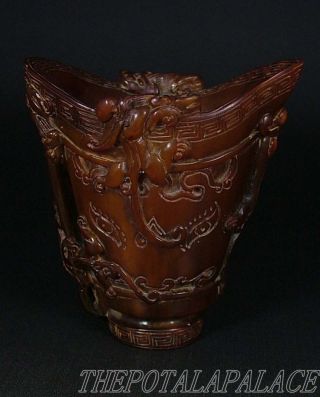 Old Chinese Ox Horn Carved Wine Cup/statue ~five Powerful Dragons Incised photo