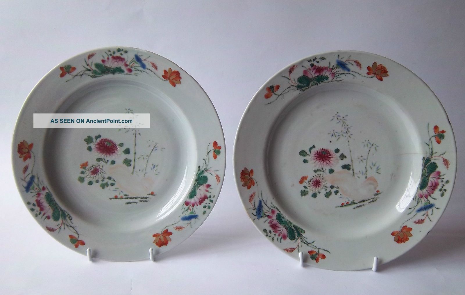 Antique Pair 18th Century Chinese Famille Rose Plates C1750 Porcelain photo