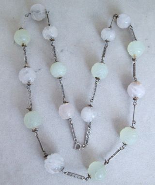 Vintage Chinese Carved Rose Quartz & Celadon Green Jade Bead Necklace (22 