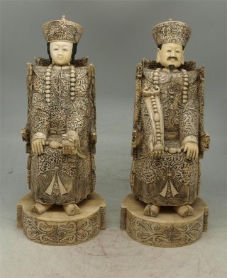 Pair Of Hand Carved Bone Qing Emperor & Empress Of China - 32cm High photo