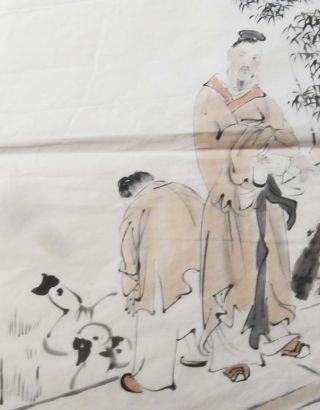 Chinese Painting On Soft Of Couple At Duck Pond.  Artist Signed. photo
