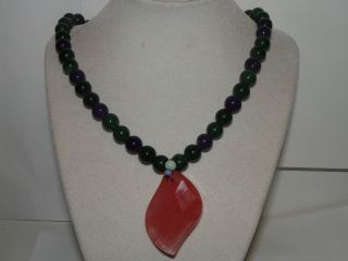 Malaysian Jade Beads Necklace W/ Cherry Quartz Pendant,  18 