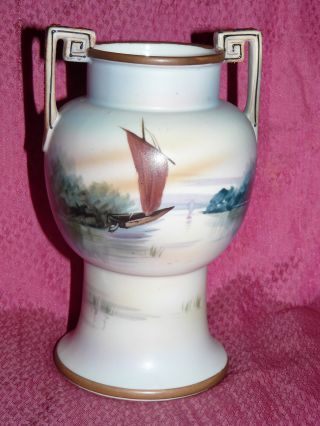 ~vintage~nippon~noritake~japanese~hand Painted~porcelain~handled~vase~signed~nr~ photo