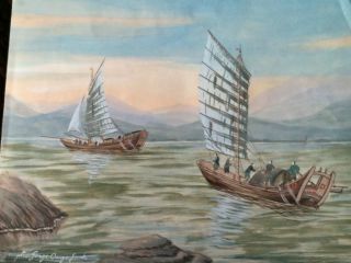 Old Master Japanese Watercolor Sail Boats On Seascape,  Signed photo