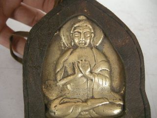 Tibet Old Bronze Cowhide Leather Kwan - Yin Buddha Statue Pendent Netsuke Amulet photo