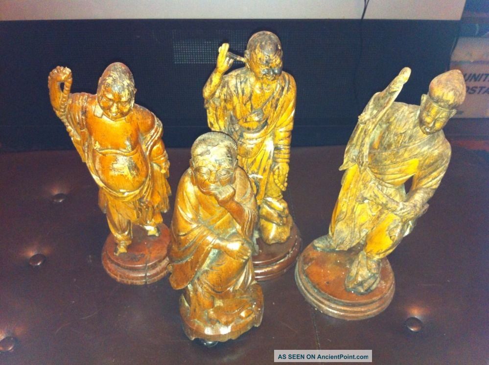 Asian Antique Wood Carving Statues Incredible Detail Collection Lot Unknown photo
