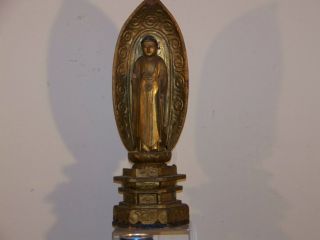 Antique C19thc Chinese Carved Gilt Wood Standing Buddha On Gilt Stand - Signed photo