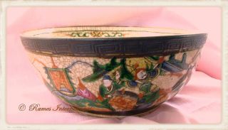 Antique Chinese Porcelain Crackle Glazed Bowl Painted Famille Verte Style,  C1900 photo